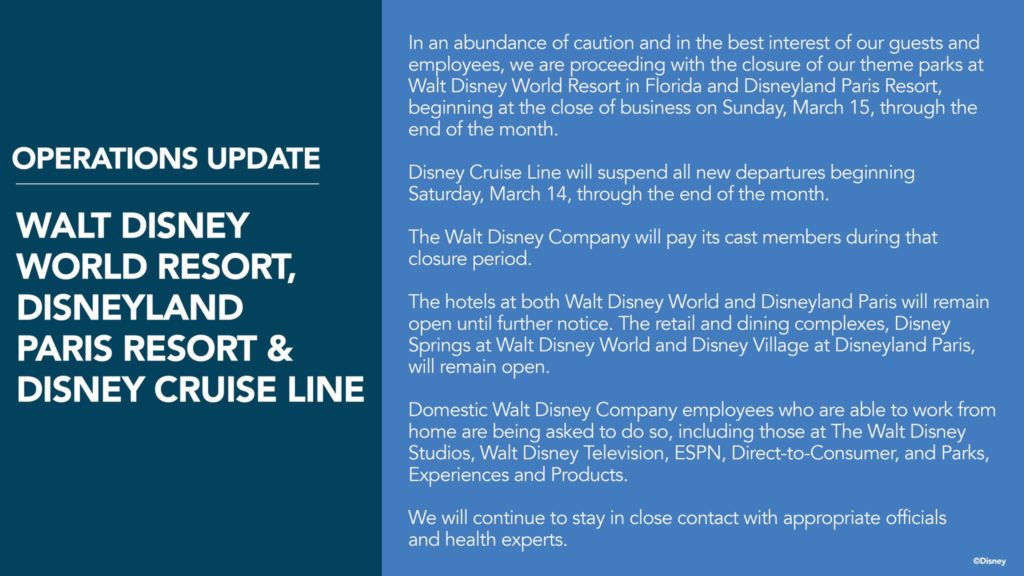 Walt Disney Word Closure for Coronavirus Notice