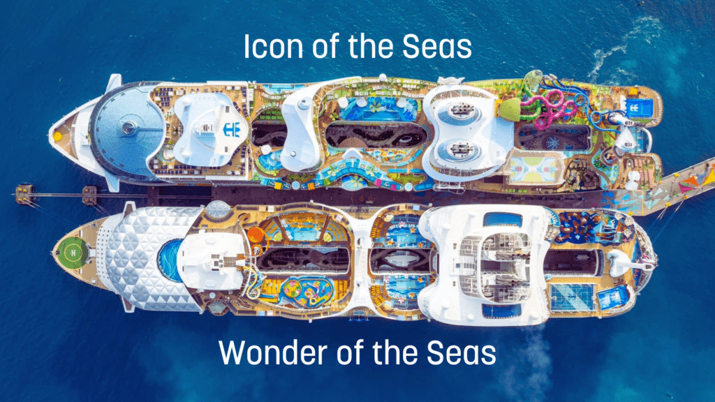 Icon of the Seas vs Wonder of the Seas side-by-side size comparison at CocoCay