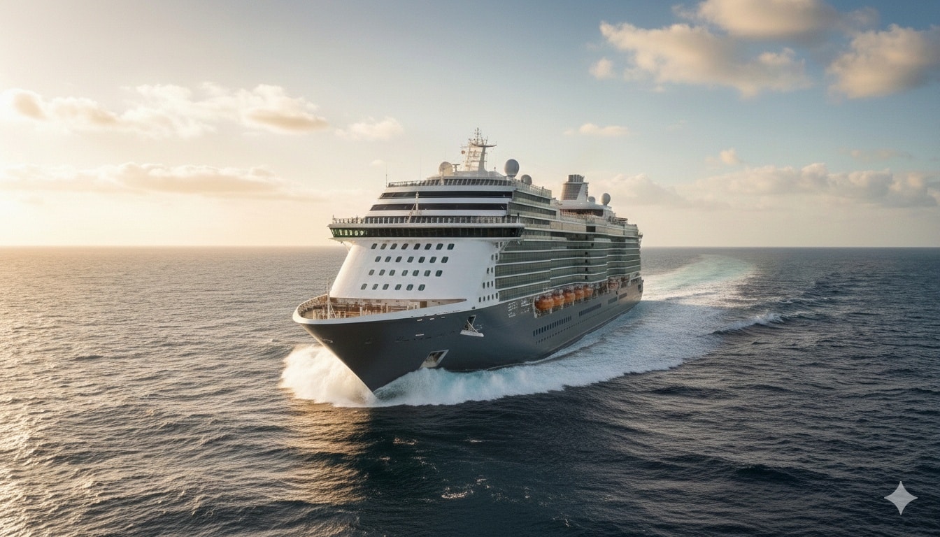 A cruise ship moves at full speed past the horizon with water spraying from its bow